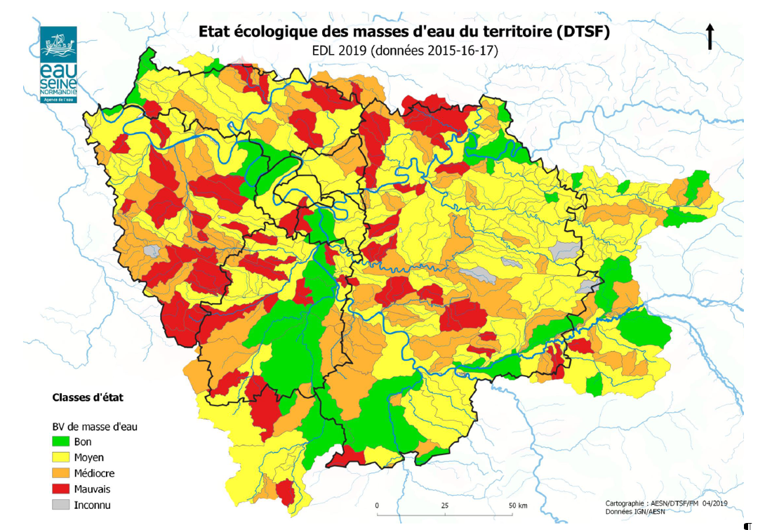 Carte 2019 de l'état écologique des masses d'eau du territoire