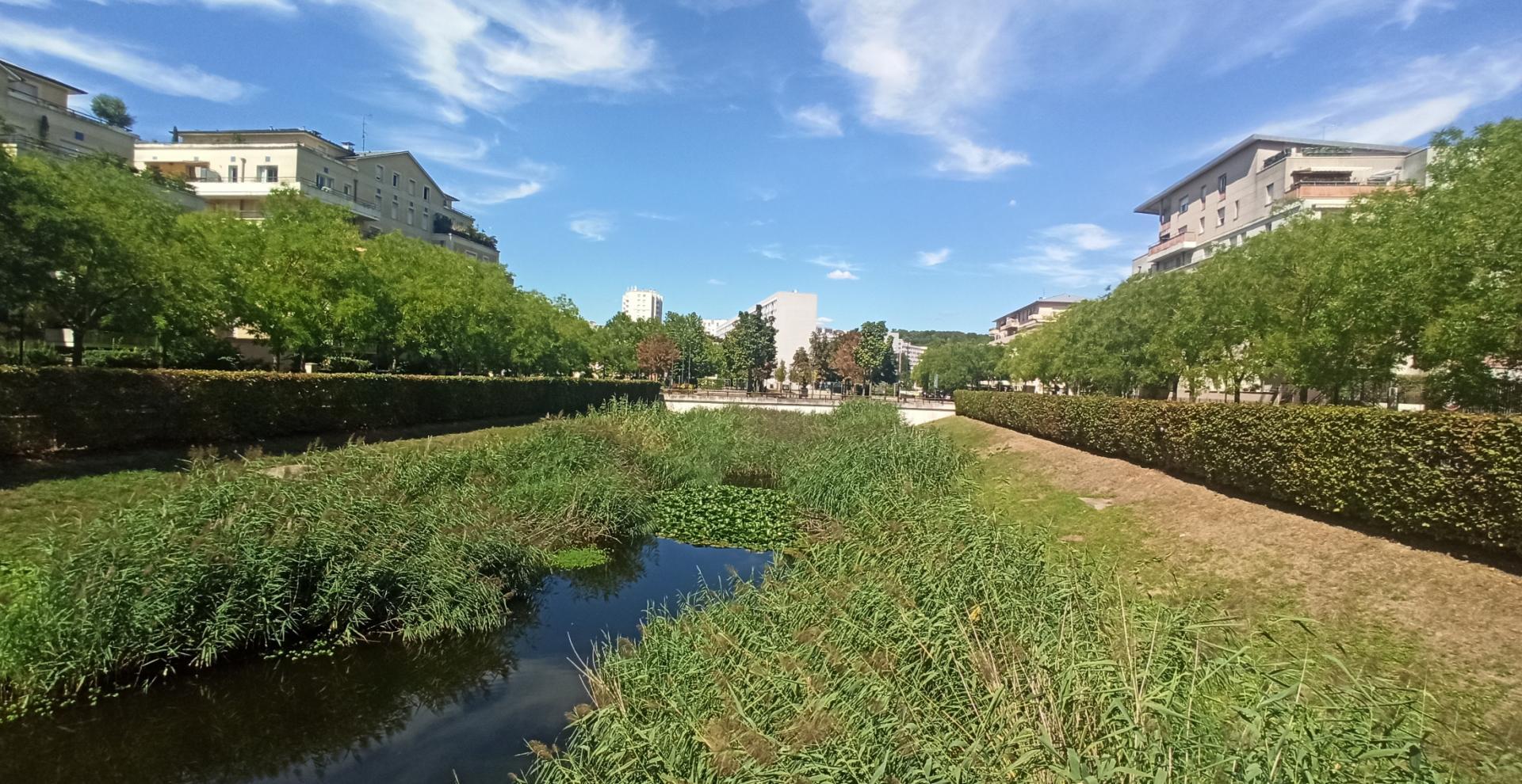 Un place aménagée en bassin végétalisé, bordée d'arbres, au cœur d'une zone urbaine