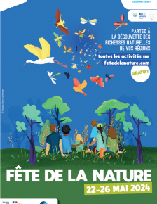 Graphisme avec des personnes assises, de dos, dans l'herbe et entourés d'arbres. Ils semblent regarder le ciel dans lequel se déploie une faune capable de voler (oiseaux, papillons et autres insectes, chauve-souris)  