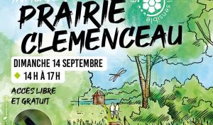 Affiche dessiné de la prairie avec une passerelle au dessus d'une zone humide.
