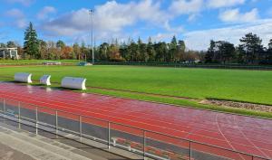photo prise depuis les tribunes montrant un terrain en gazon naturel de bonne qualité avec la piste d'athlétisme au premier plan