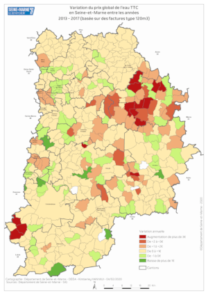 Carte variation du prix de l'eau global sur les communes de Seine-et-Marne