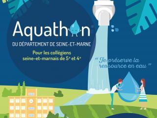L'affiche dans les tons bleus/verts montre un collège dessiné avec un robinet et des enfants qui portent une immense goutte d'eau Les informations principales relatives au thème du concours et au calendrier sont rappelées.