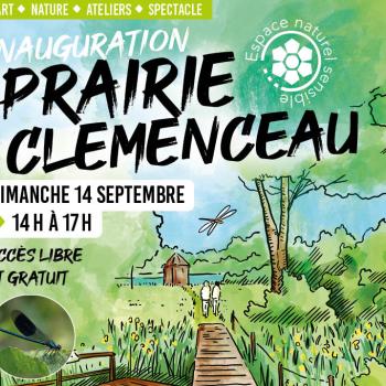 Affiche dessiné de la prairie avec une passerelle au dessus d'une zone humide.