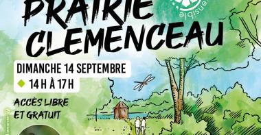 Affiche dessiné de la prairie avec une passerelle au dessus d'une zone humide.