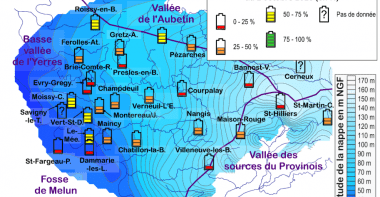 Carte de la nappe du Champigny avec ses niveaux de 0 à 25% jusqu'à 50 à 75% de recharge en Seine-et-Marne au 2 octobre 2023.