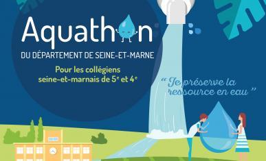 L'affiche dans les tons bleus/verts montre un collège dessiné avec un robinet et des enfants qui portent une immense goutte d'eau Les informations principales relatives au thème du concours et au calendrier sont rappelées.