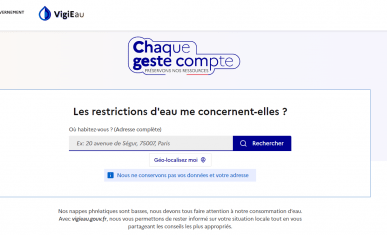 Première page du site VigiEau du gourvernement, où le choix de la commune est demandé avant d'accéder aux restrictions par commune.