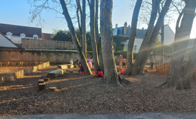 Des enfants jouent dans une zone perméable paillée de leur cour, au pied des arbres où ont été installés des jeux en bois