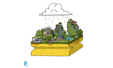Schéma "ville éponge" avec une ville perméable et végétalisée où l'eau de pluie s'enfonce dans le sol, qui est symbolisé par une éponge.