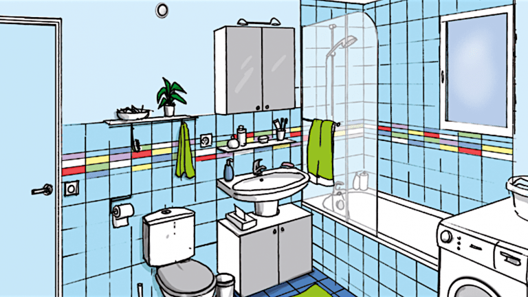 Dessin d'une salle de bains avec un lavabo, une baignoire avec douche, une machine à laver, des wc...