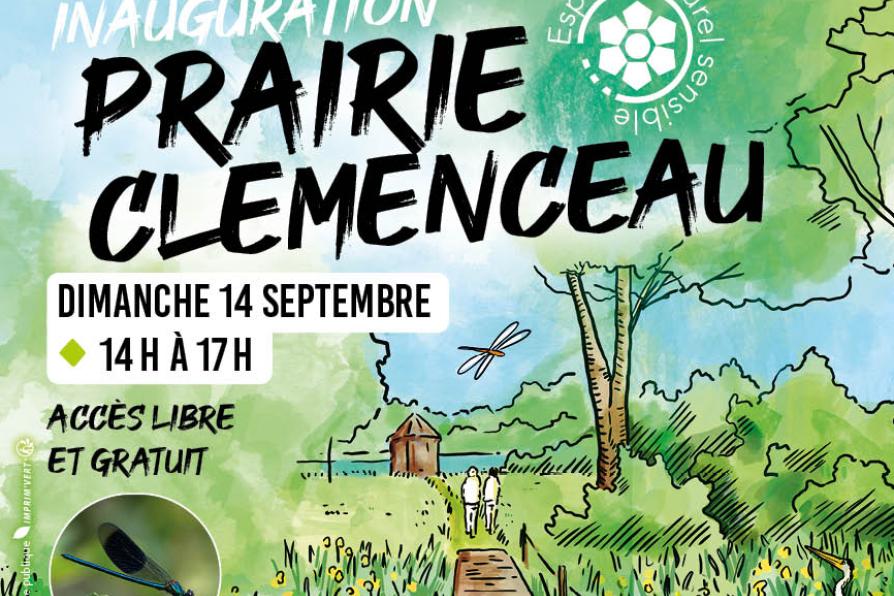 Affiche dessiné de la prairie avec une passerelle au dessus d'une zone humide.
